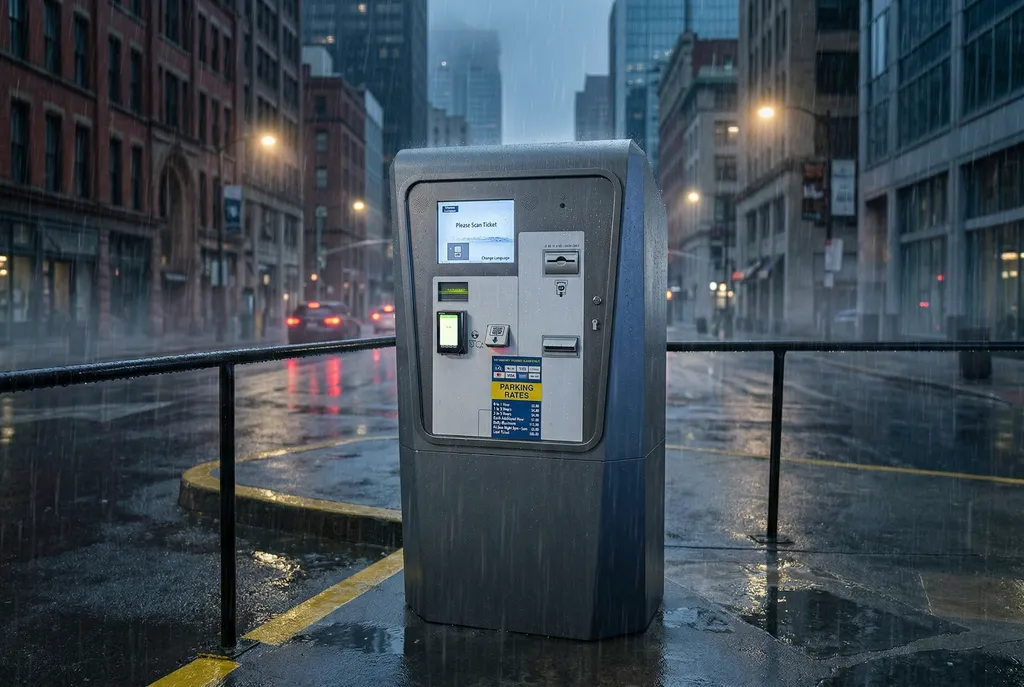 Rugged ID TECH terminal in use outdoors in heavy rain